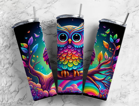 Alcohol Ink Owl 20oz Sublimation Tumbler Designs, Rainbow Neon 9.2 x 8.3” Straight Skinny Tumbler Wrap PNG, Sublimation Design PNG