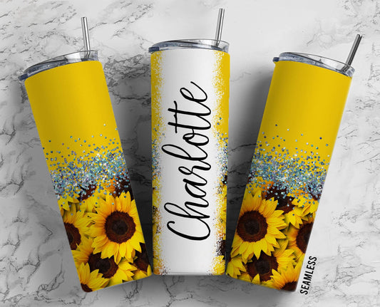 Sunflower Yellow 20oz Sublimation Tumbler Designs, Flower Glitter Split 9.2 x 8.3” Straight Skinny Tumbler Wrap PNG, Aesthetic 130