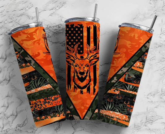 Deer Hunting Flag 20oz Sublimation Tumbler Designs, Camo Orange 9.2 x 8.3” Straight Skinny Tumbler Wrap, Mens Tumbler