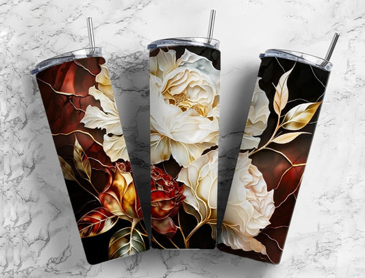 White rose 20oz Sublimation Tumbler Designs, Gold leaf floral 9.2 x 8.3” Straight Skinny Tumbler Wrap PNG