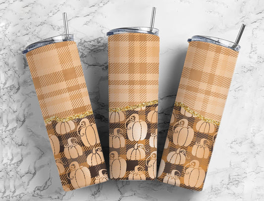 Pumpkin Plaid 20oz Sublimation Tumbler Designs, Agate Glitter Brown 9.2 x 8.3” Straight Skinny Tumbler Wrap PNG