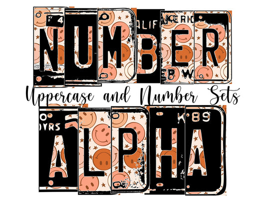 Smiley Face Number Plate Alphabet Uppercase Numbers PNG, Retro Alphabet PNG Digital Download