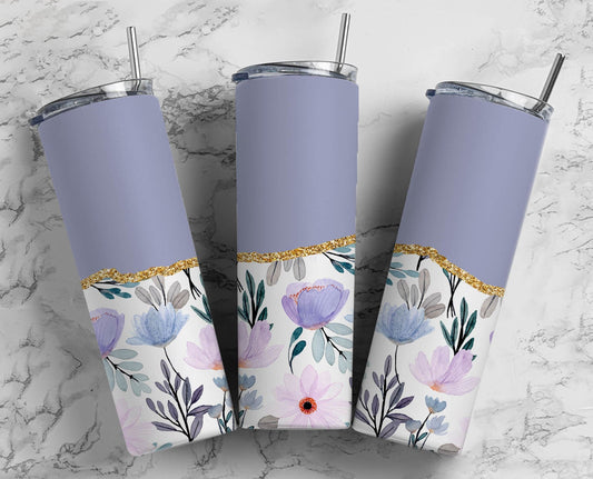 Purple Flower 20oz Sublimation Tumbler Designs, AestheticFloral 9.2 x 8.3” Straight Skinny Tumbler Wrap PNG, Gold Agate 125