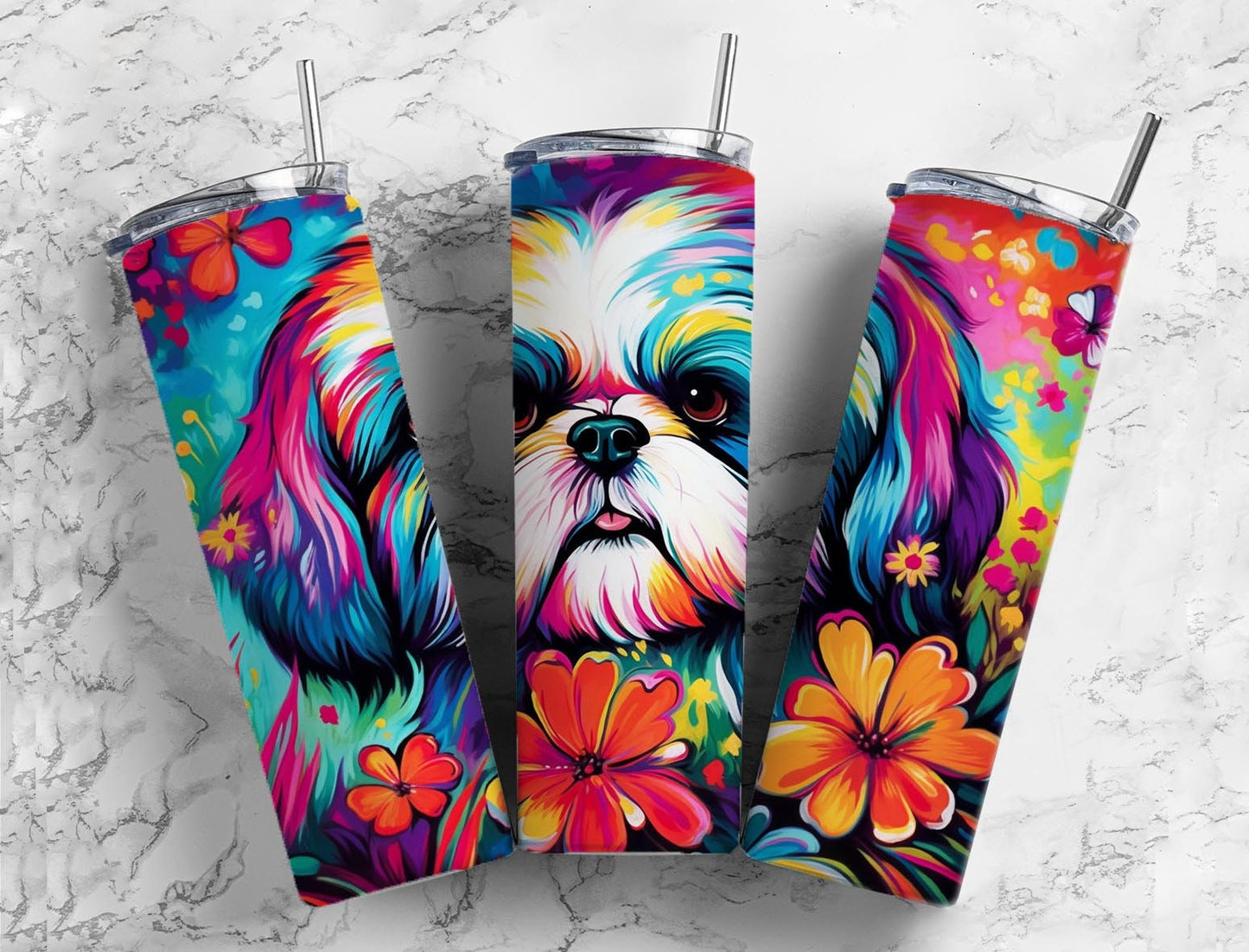 Shih tzu 20oz Sublimation Tumbler Designs, floral colorful 9.2 x 8.3” Straight Skinny Tumbler Wrap PNG