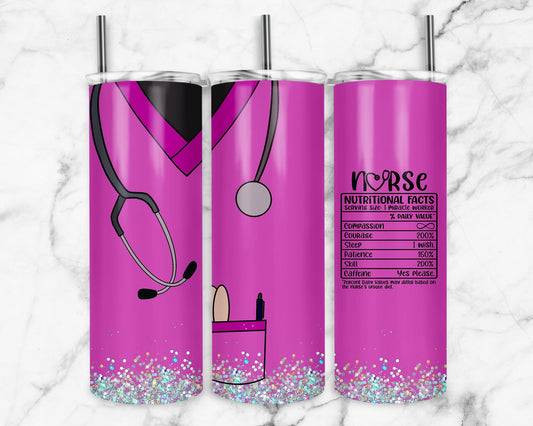 Pink Nurse 20oz Sublimation Tumbler Designs, Glitter Scrubs 9.2 x 8.3” Straight Skinny Tumbler Wrap PNG