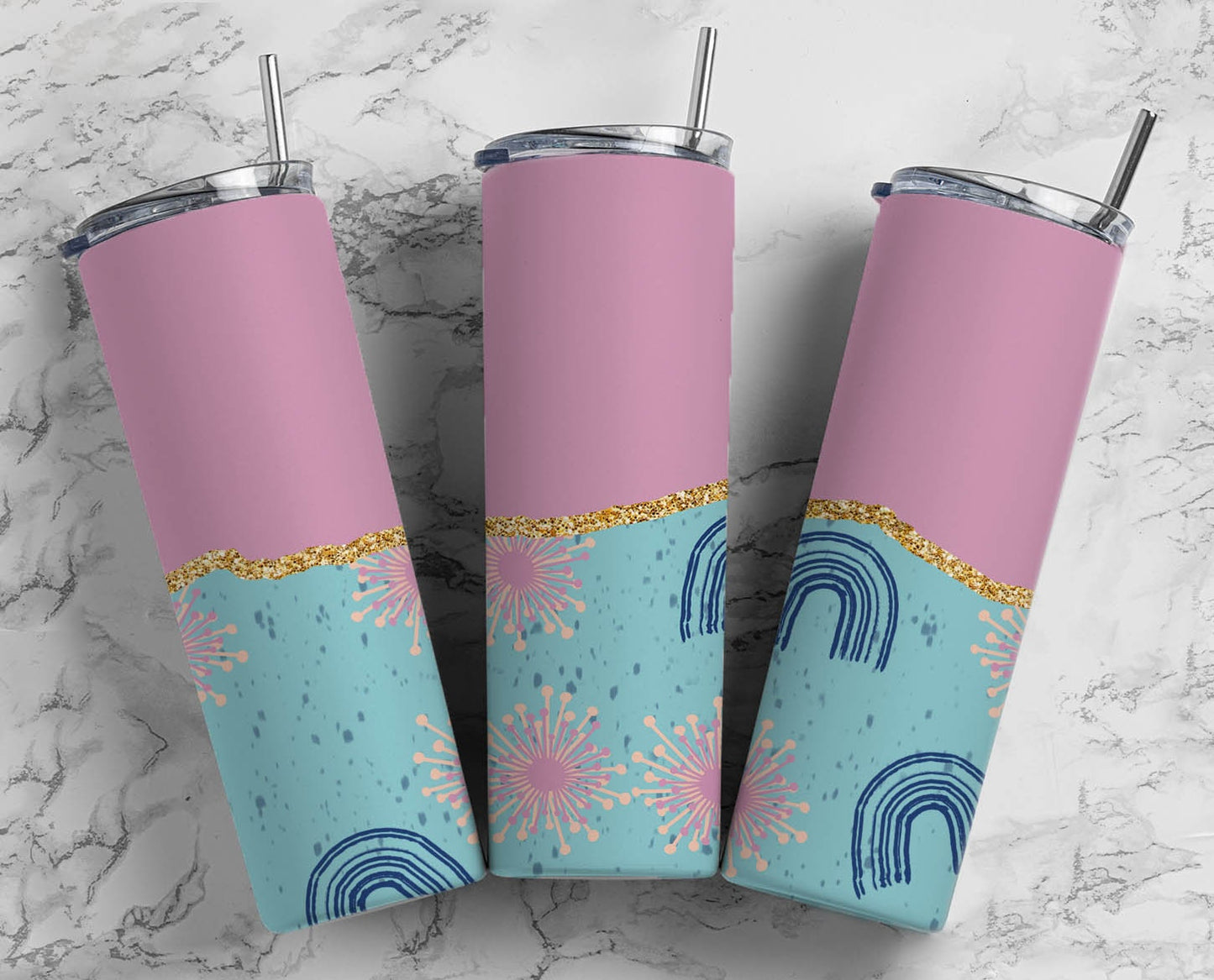 Cute Rainbow 20oz Sublimation Tumbler Designs, Purple Blue Gold Agate Line 9.2 x 8.3” Straight Skinny Tumbler Wrap PNG 54