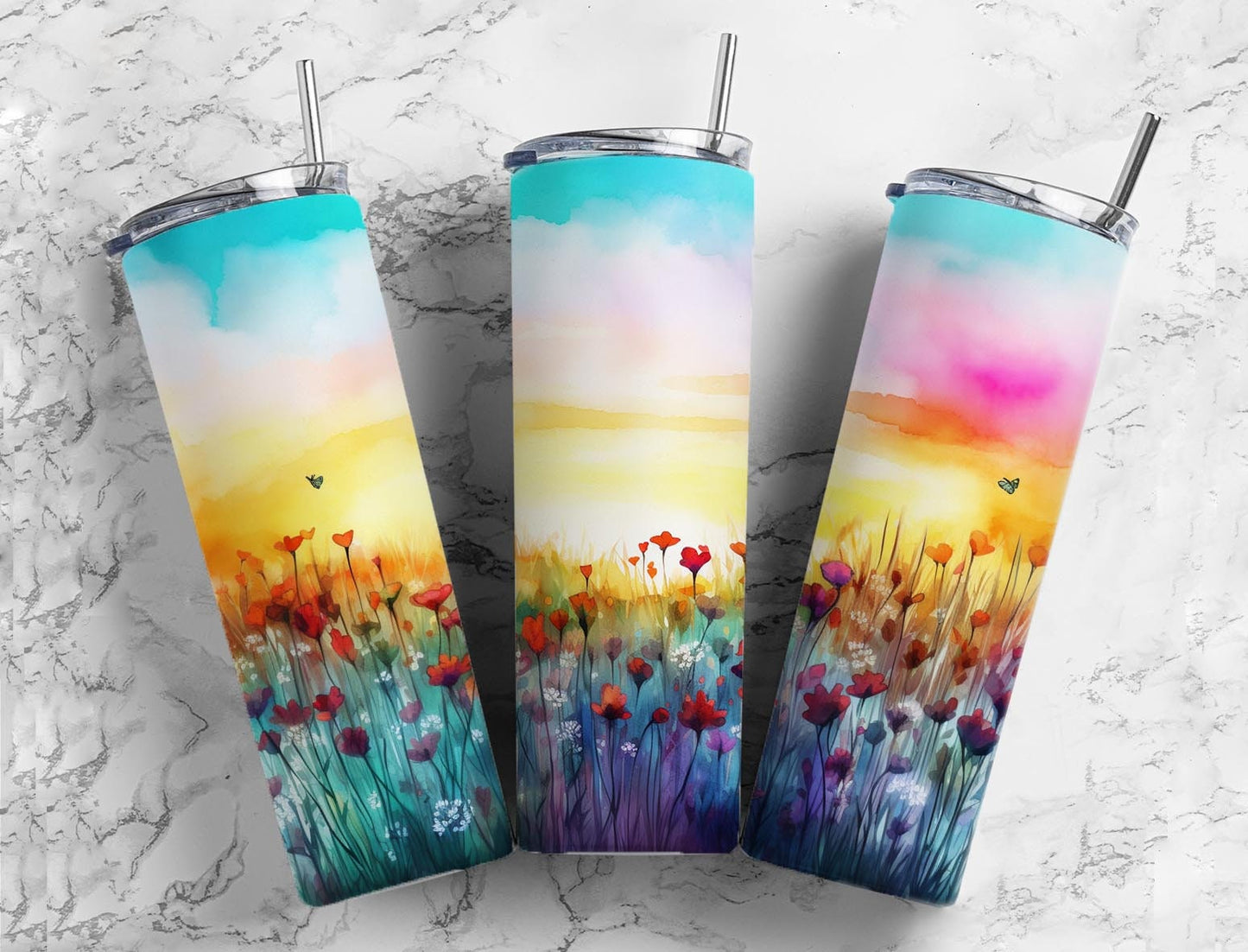 Sunset floral 20oz Sublimation Tumbler Designs, Flower field 9.2 x 8.3” Straight Skinny Tumbler Wrap PNG