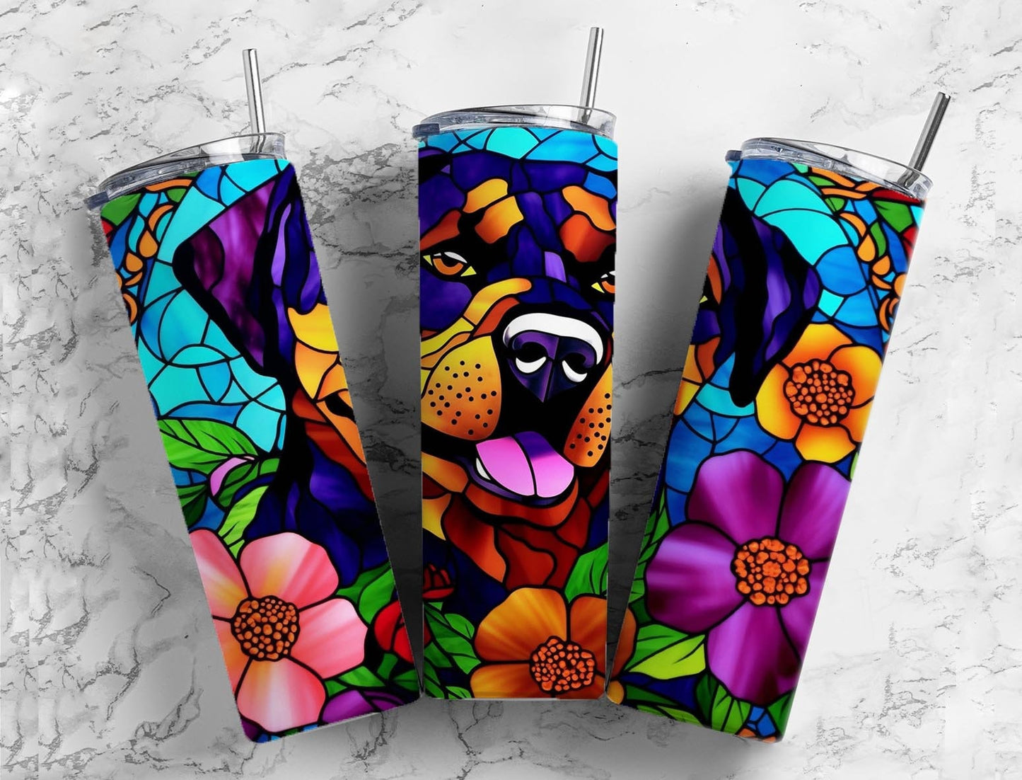 Stained glass 20oz Sublimation Tumbler Designs, Rottweiler floral 9.2 x 8.3” Straight Skinny Tumbler Wrap PNG