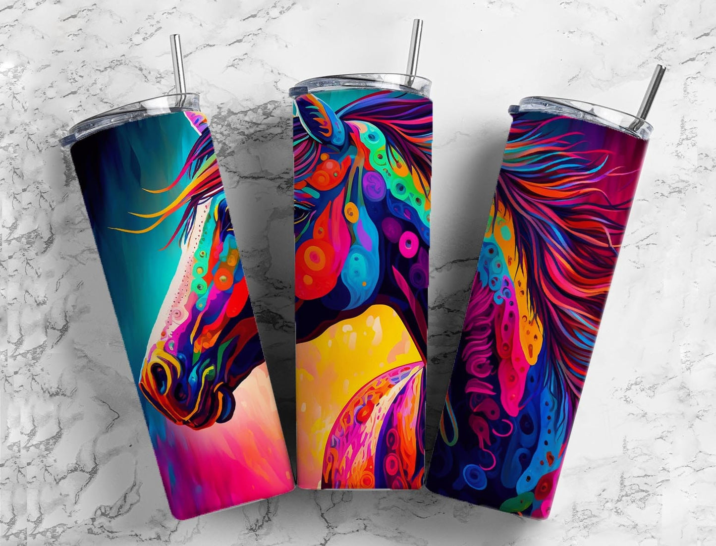 Rainbow horse 20oz Sublimation Tumbler Designs, colorful neon rainbow 9.2 x 8.3” Straight Skinny Tumbler Wrap PNG