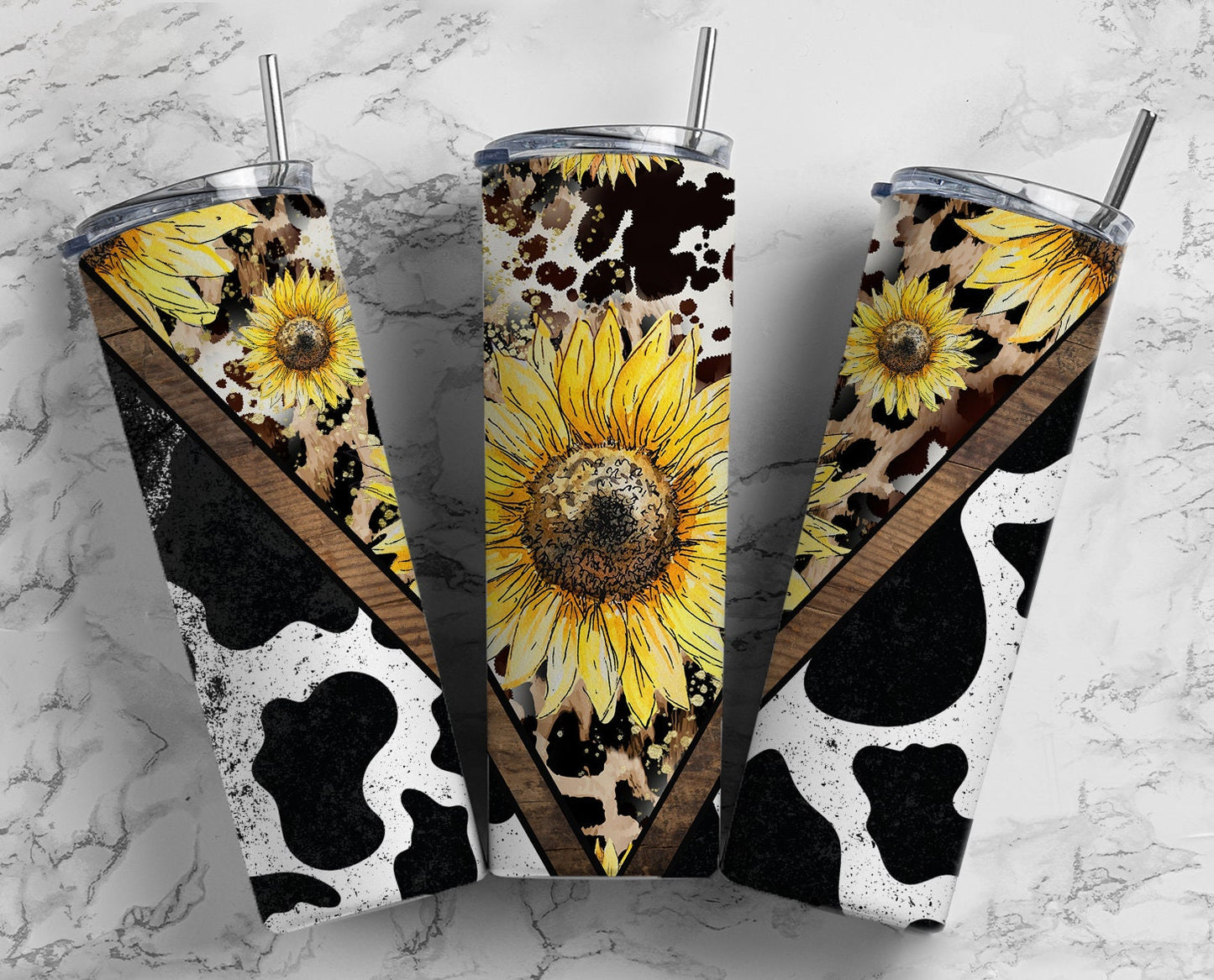 Sunflower Cow 20oz Sublimation Tumbler Designs, Country Western 9.2 x 8.3” Straight Skinny Tumbler Wrap PNG 92