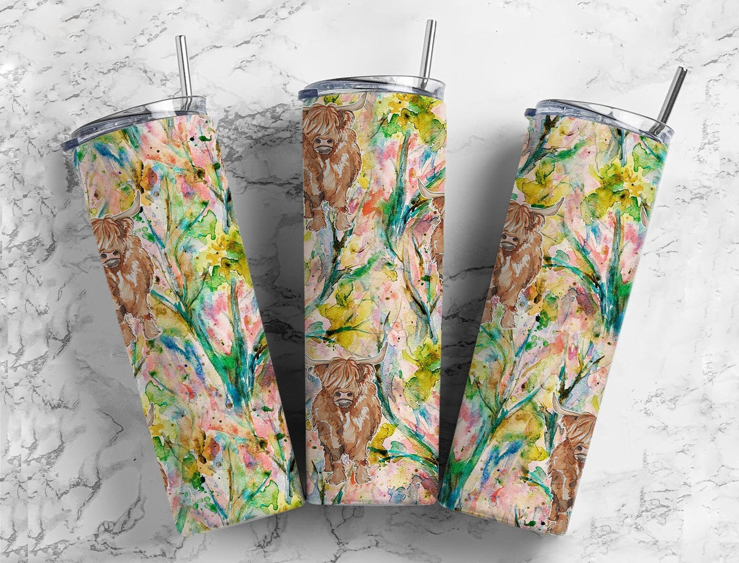 Botanical highland cow 20oz Sublimation Tumbler Designs, Garden floral 9.2 x 8.3” Straight Skinny Tumbler Wrap PNG