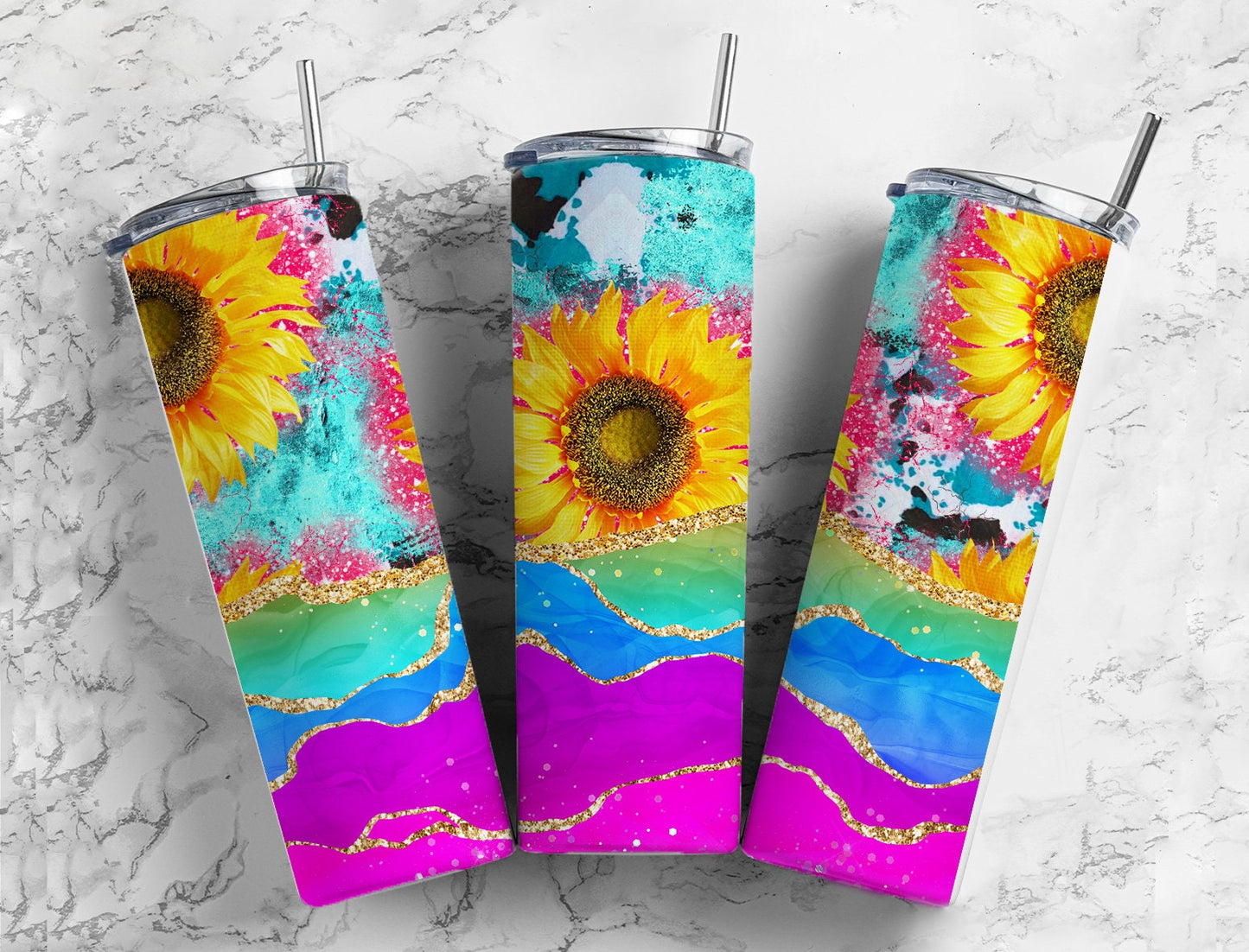 Sunflower watercolor 20oz Sublimation Tumbler Designs, Rainbow colorful 9.2 x 8.3” Straight Skinny Tumbler Wrap PNG