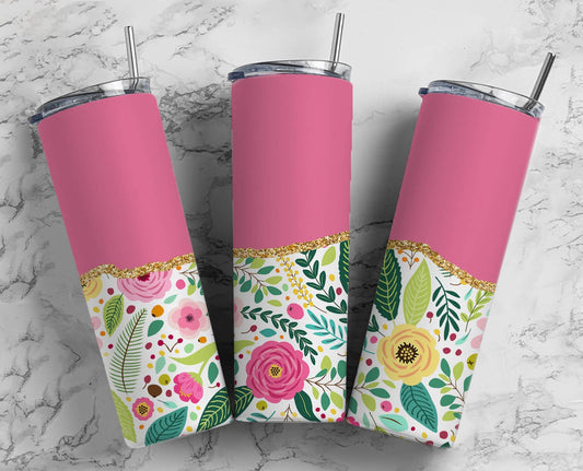 Pink Floral 20oz Sublimation Tumbler Designs, Gold Agate Line 9.2 x 8.3” Straight Skinny Tumbler Wrap PNG 195