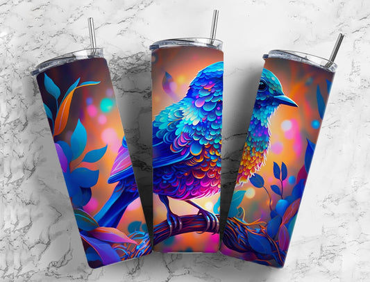 blue bird 20oz Sublimation Tumbler Designs, colorful branch 9.2 x 8.3” Straight Skinny Tumbler Wrap PNG