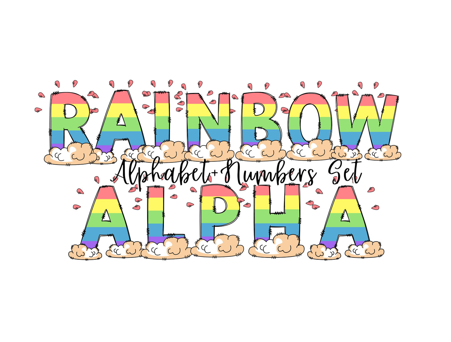 Rainbow Doodle Letters, Rainbow Alphabet, Rainbow Alphabet PNG, Entire Doodle Alphabet Uppercase Lowercase Numbers PNG,