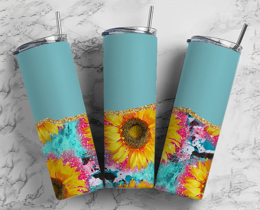 Teal Sunflower 20oz Sublimation Tumbler Designs, Turquoise Sunflower 9.2 x 8.3” Straight Skinny Tumbler Wrap 21