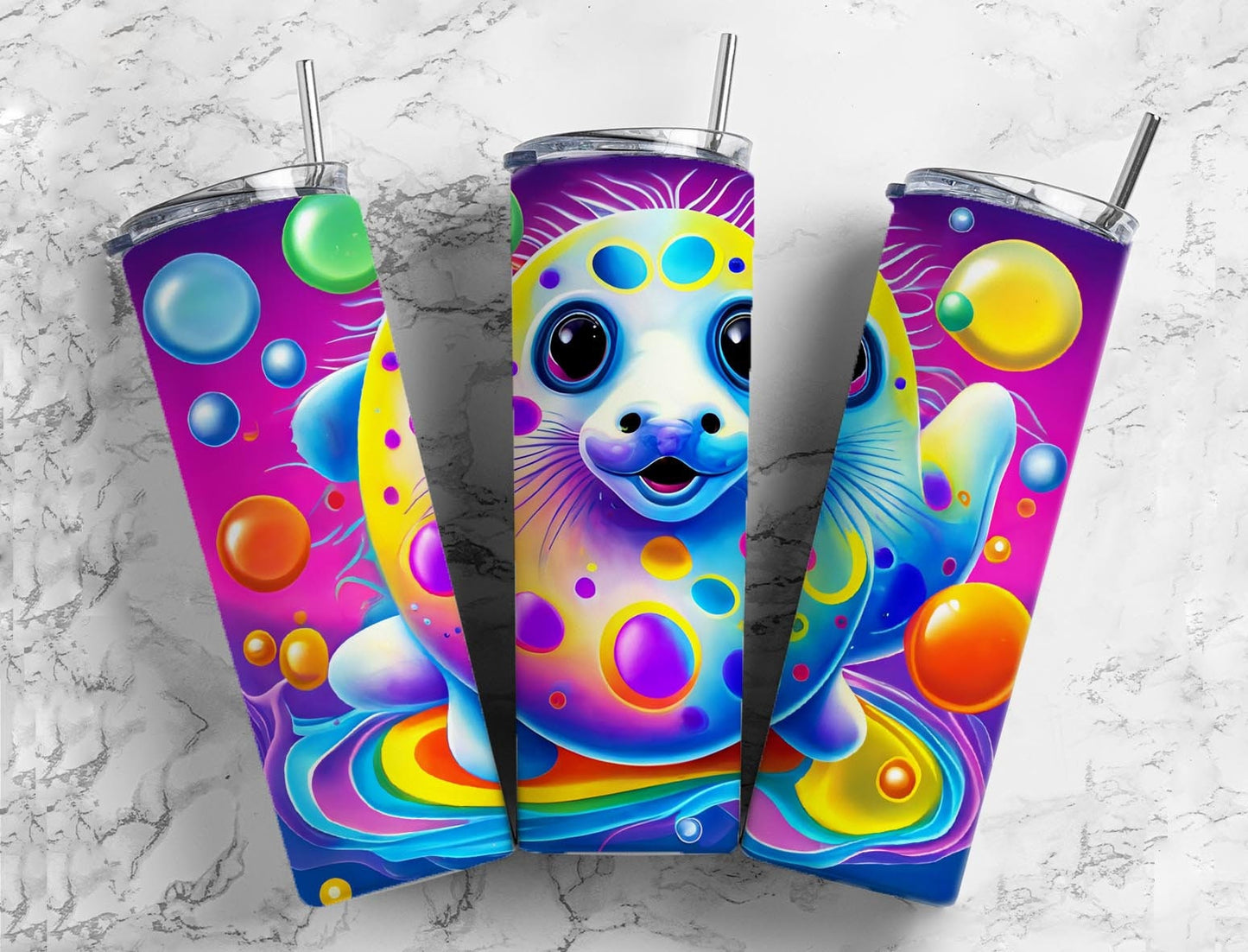 Cartoon seal 20oz Sublimation Tumbler Designs, Rainbow bubble 9.2 x 8.3” Straight Skinny Tumbler Wrap PNG