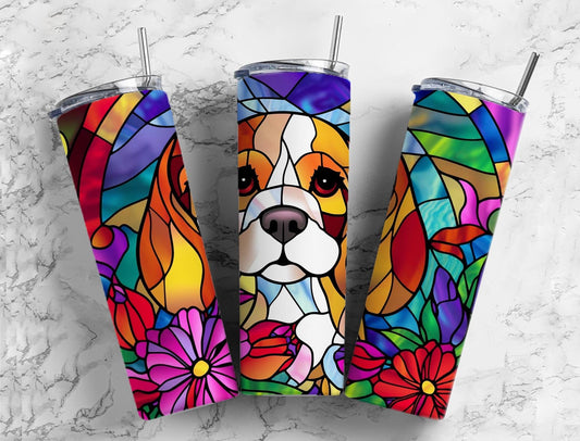 Beagle dog 20oz Sublimation Tumbler Designs, Stained glass floral 9.2 x 8.3” Straight Skinny Tumbler Wrap PNG