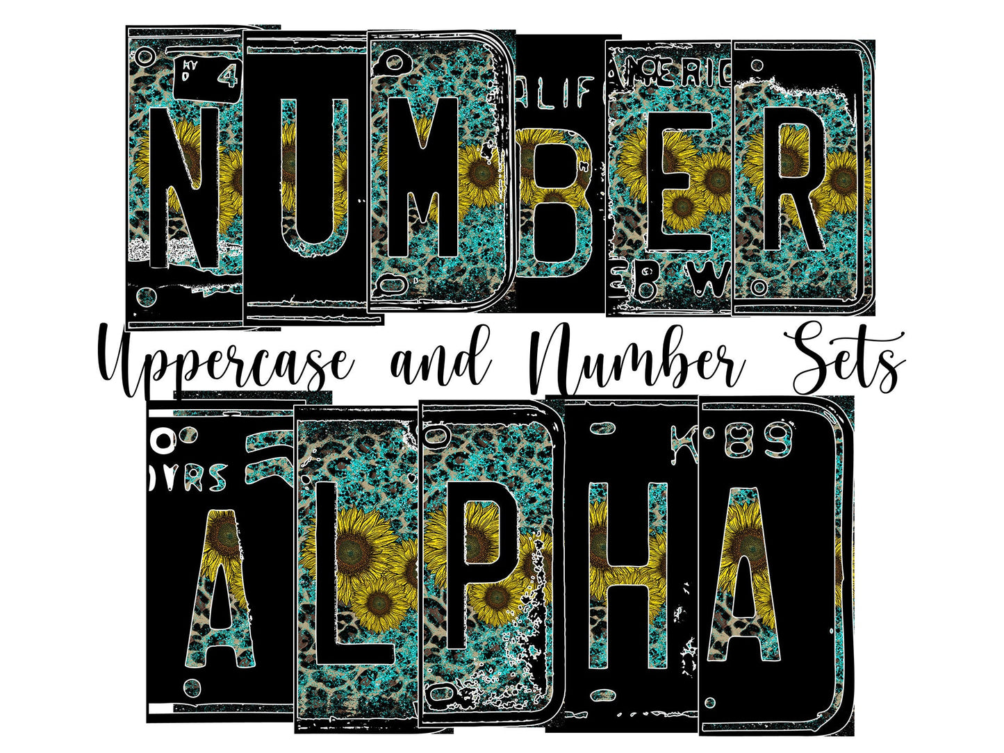 Sunflower Number Plate Alphabet Uppercase Numbers PNG, Teal Glitter Country Alphabet PNG Digital Download