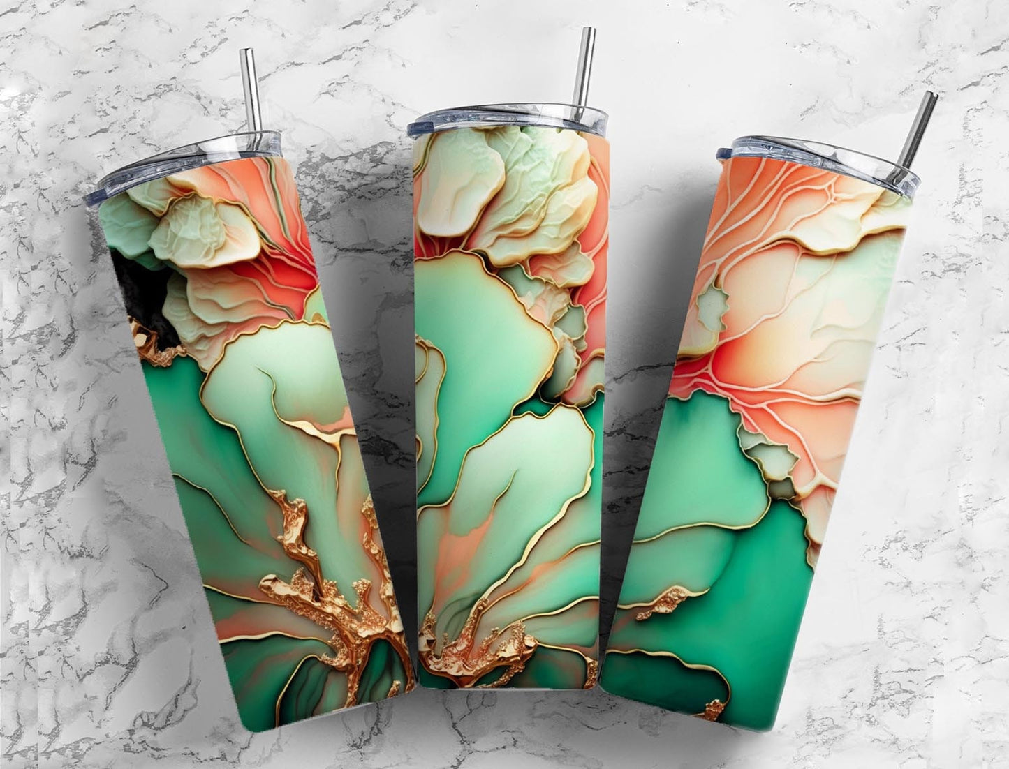 Painted floral 20oz Sublimation Tumbler Designs, green and gold 9.2 x 8.3” Straight Skinny Tumbler Wrap PNG