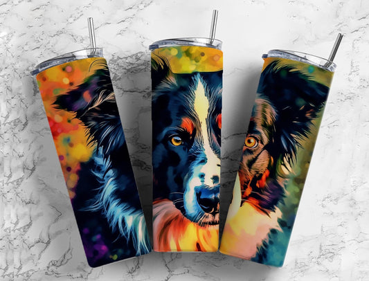 Border collie dog 20oz Sublimation Tumbler Designs, Colorful dog 9.2 x 8.3” Straight Skinny Tumbler Wrap PNG