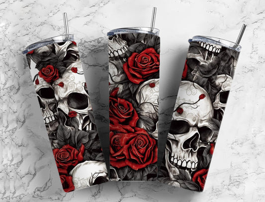 Skull and roses 20oz Sublimation Tumbler Designs, Skeleton floral 9.2 x 8.3” Straight Skinny Tumbler Wrap PNG