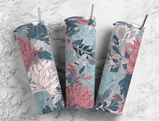 Blue floral 20oz Sublimation Tumbler Designs, white and pink flowers 9.2 x 8.3” Straight Skinny Tumbler Wrap PNG