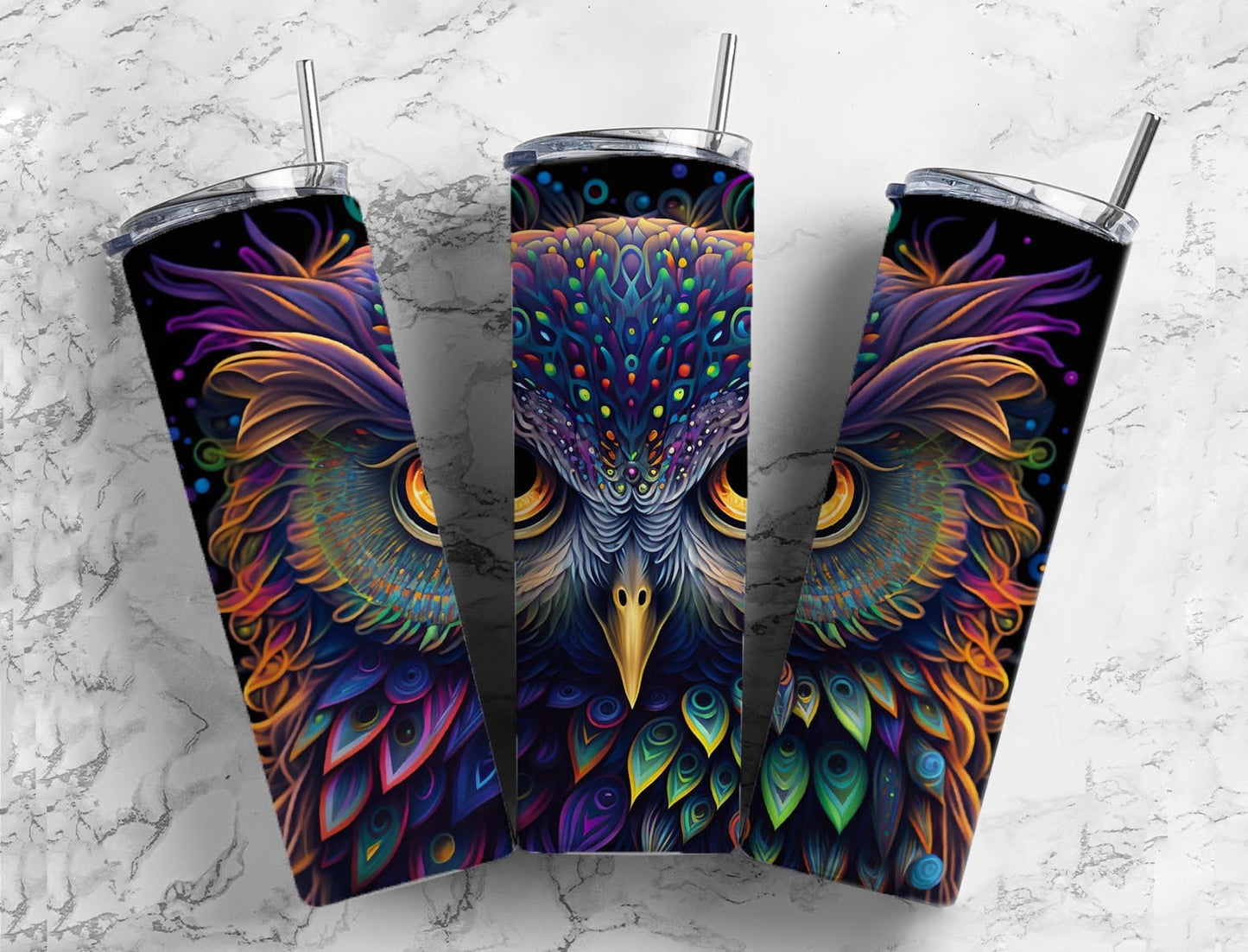 Rainbow owl 20oz Sublimation Tumbler Designs, neon colorful 9.2 x 8.3” Straight Skinny Tumbler Wrap PNG