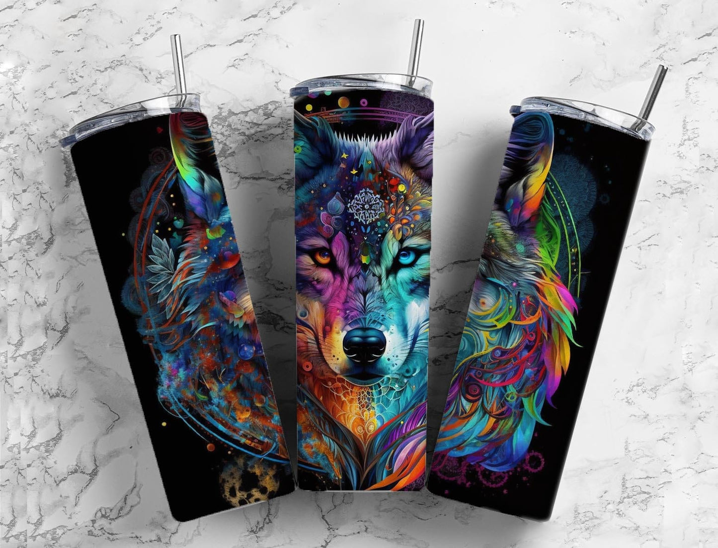 Neon wolf 20oz Sublimation Tumbler Designs, Rainbow colorful 9.2 x 8.3” Straight Skinny Tumbler Wrap PNG