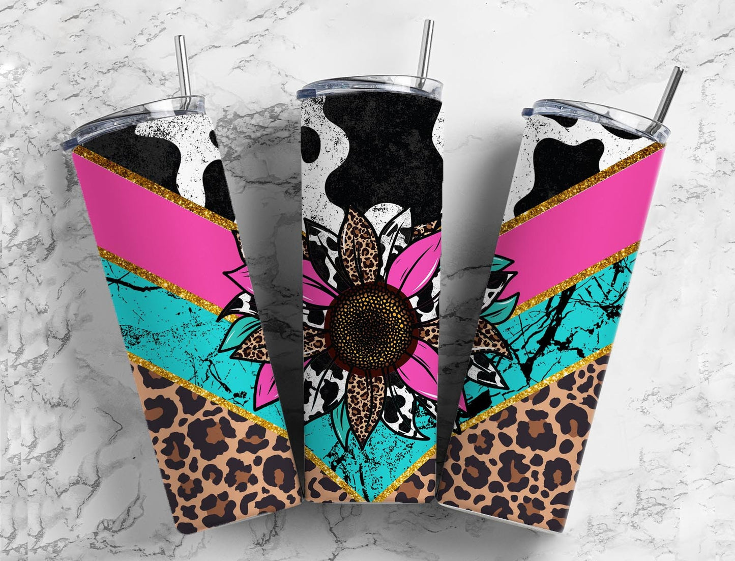 Sunflower Magenta 20oz Sublimation Tumbler Designs, Western Leopard Print 9.2 x 8.3” Straight Skinny Tumbler Wrap PNG, Sublimation design