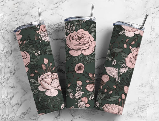 White rose floral 20oz Sublimation Tumbler Designs, Dark botanical 9.2 x 8.3” Straight Skinny Tumbler Wrap PNG