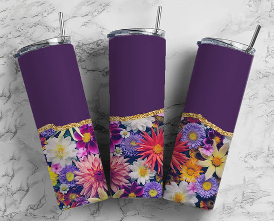 Purple Flower 20oz Sublimation Tumbler Designs, AestheticFloral 9.2 x 8.3” Straight Skinny Tumbler Wrap PNG, Gold Agate 174