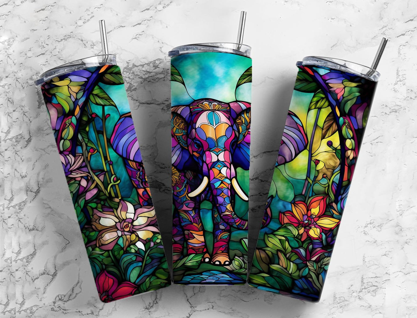 Elephant floral 20oz Sublimation Tumbler Designs, Stained glass landscape 9.2 x 8.3” Straight Skinny Tumbler Wrap PNG