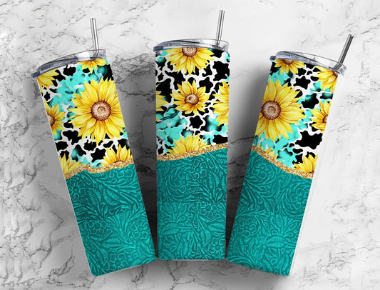 Turquoise Sunflower Leather 20oz Sublimation Tumbler Designs, Teal Leopard 9.2 x 8.3” Straight Skinny Tumbler Wrap, Leather Western PNG