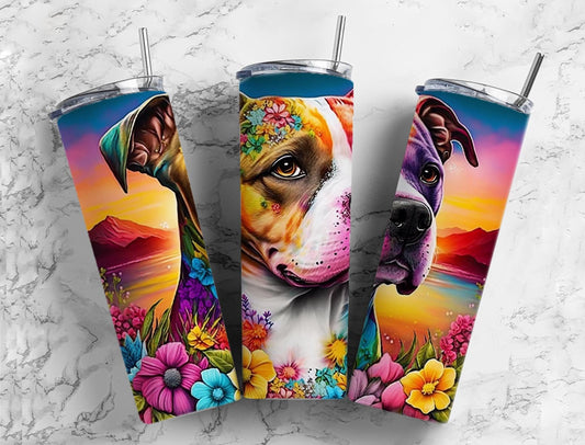 American Staffordshire terrier 20oz Sublimation Tumbler Designs, Floral landscape 9.2 x 8.3” Straight Skinny Tumbler Wrap PNG