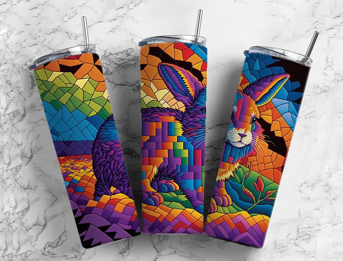 Bunny Rabbit 20oz Sublimation Tumbler Designs, Rainbow Patchwork Quilt 9.2 x 8.3” Straight Skinny Tumbler, Tumbler Wrap PNG