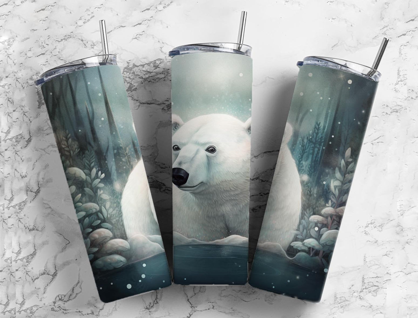 Polar bear 20oz Sublimation Tumbler Designs, Dark forest 9.2 x 8.3” Straight Skinny Tumbler Wrap PNG