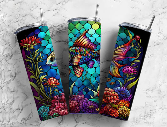 Stained glass fish 20oz Sublimation Tumbler Designs, rainbow floral 9.2 x 8.3” Straight Skinny Tumbler Wrap