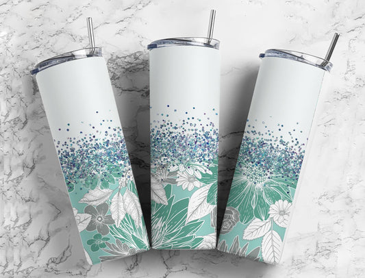 Botanical Aesthetic 20oz Sublimation Tumbler Designs, Iridescent Glitter White 9.2 x 8.3” Straight Skinny Tumbler, PNG 1243