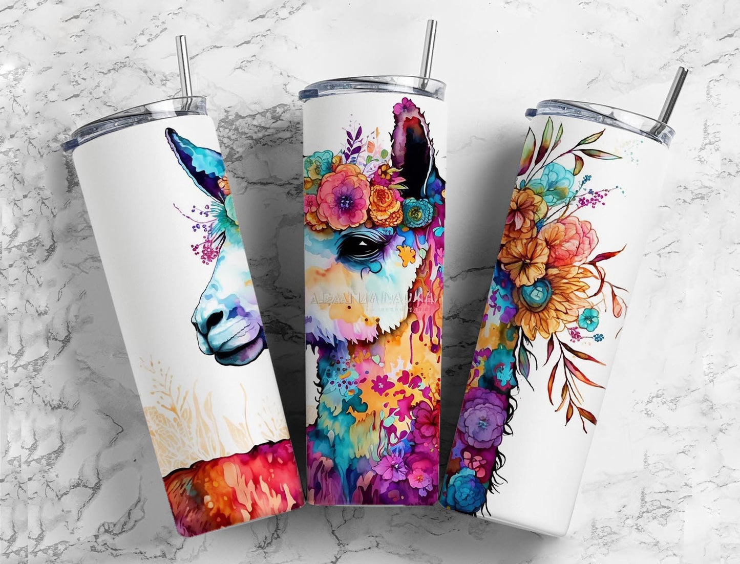 Rainbow llama 20oz Sublimation Tumbler Designs, Alcohol ink floral 9.2 x 8.3” Straight Skinny Tumbler Wrap PNG