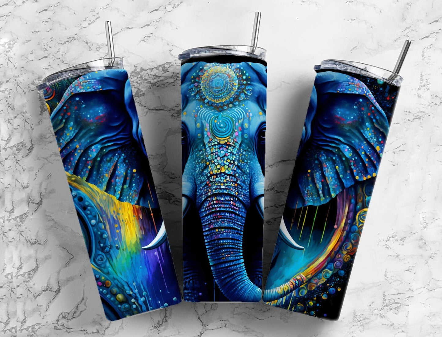 Blue elephant 20oz Sublimation Tumbler Designs, Neon colorful 9.2 x 8.3” Straight Skinny Tumbler Wrap PNG