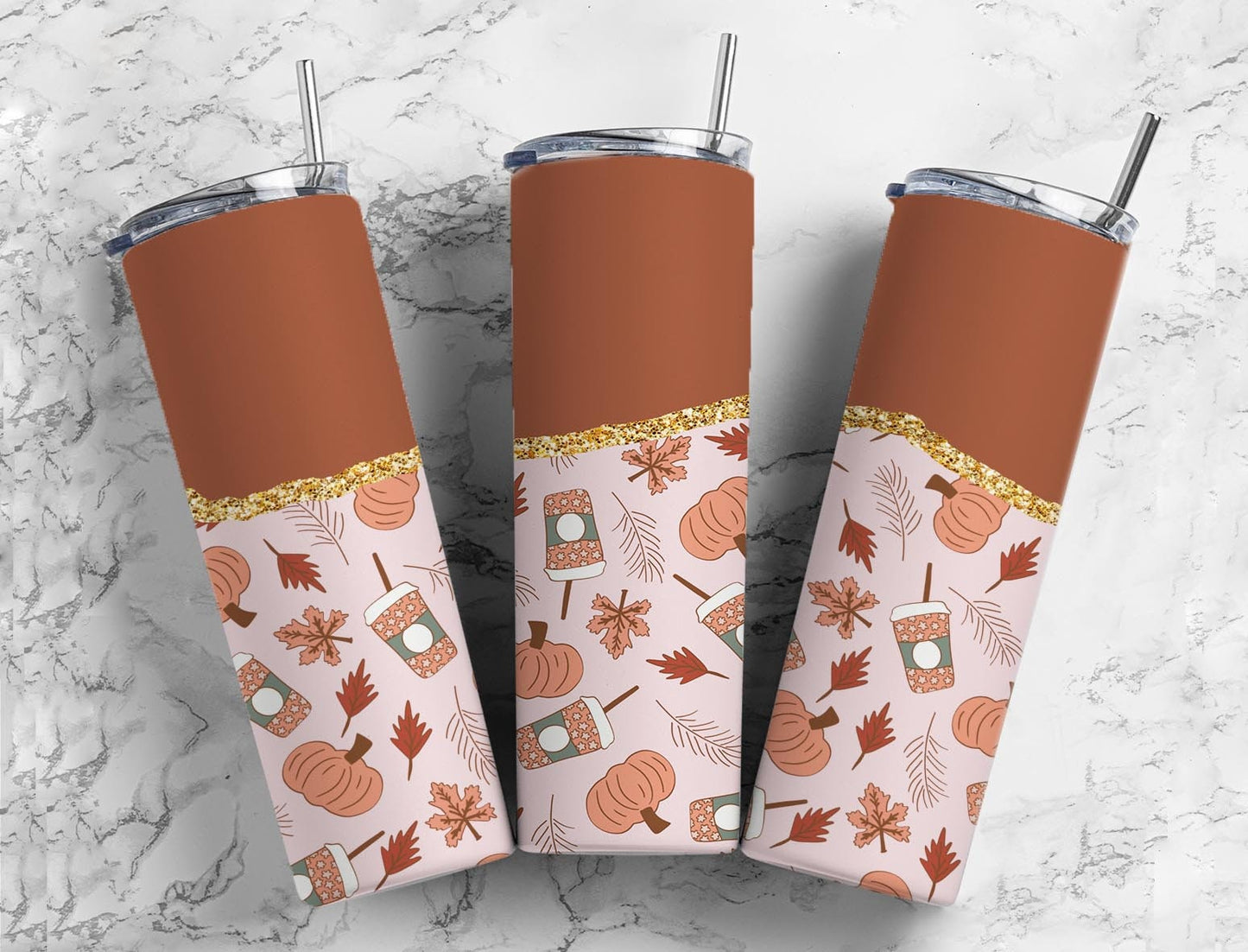 Pumpkin Spice Fall 20oz Sublimation Tumbler Designs, Smiley Face Aesthetic Floral 9.2 x 8.3” Straight Skinny Tumbler Wrap PNG