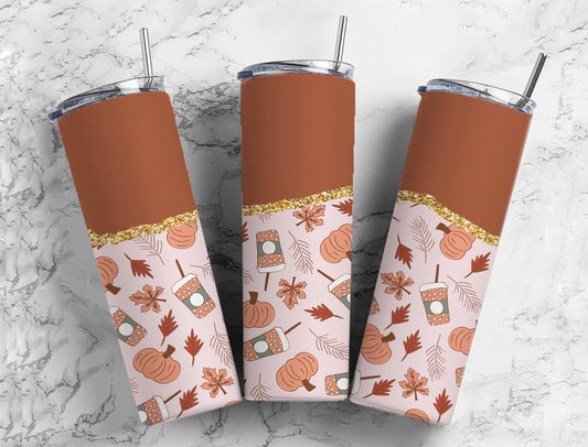 Pumpkin Spice Fall 20oz Sublimation Tumbler Designs, Smiley Face Aesthetic Floral 9.2 x 8.3” Straight Skinny Tumbler Wrap PNG