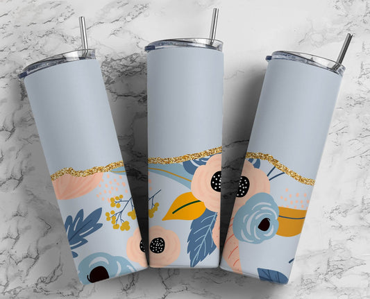 Blue Flower 20oz Sublimation Tumbler Designs, AestheticFloral 9.2 x 8.3” Straight Skinny Tumbler Wrap PNG, Gold Agate 173