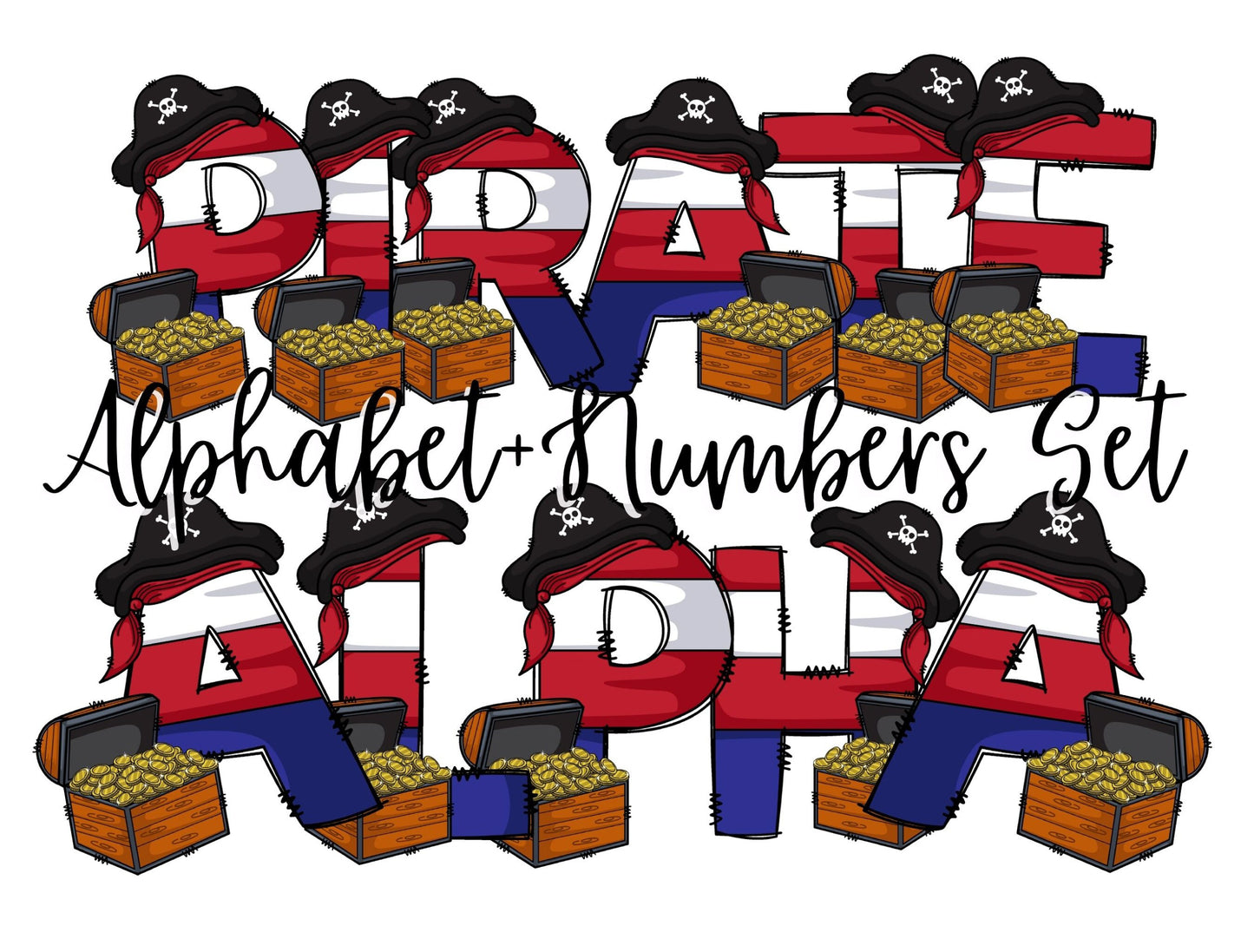 Pirate Doodle Letters Alphabet with Uppercase and Numbers PNG, Alphabet PNG Digital Download PNG