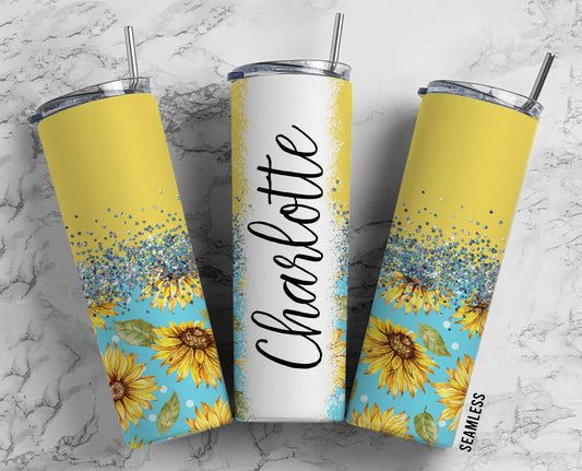 Sunflower Yellow 20oz Sublimation Tumbler Designs, Flower Glitter Split 9.2 x 8.3” Straight Skinny Tumbler Wrap PNG, Aesthetic