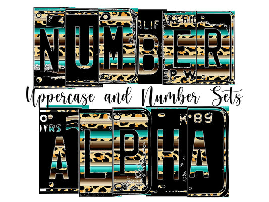 Serape Leopard Print Number Plate Alphabet Uppercase Numbers PNG, Teal and Tan Alphabet PNG Digital Download