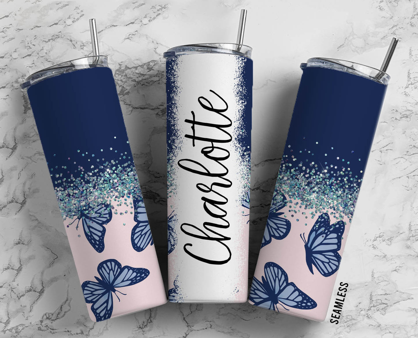 Blue Butterfly Pink 20oz Sublimation Tumbler Designs, Aesthetic Silver Glitter Split9.2 x 8.3” Straight Skinny Tumbler Wrap PNG 176