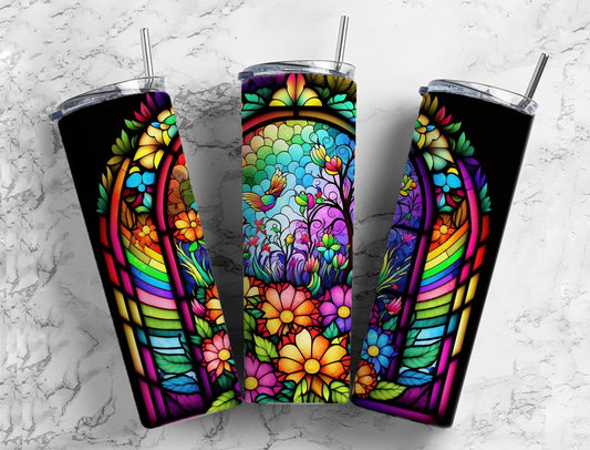 Stained glass window 20oz Sublimation Tumbler Designs, rainbow floral 9.2 x 8.3” Straight Skinny Tumbler Wrap