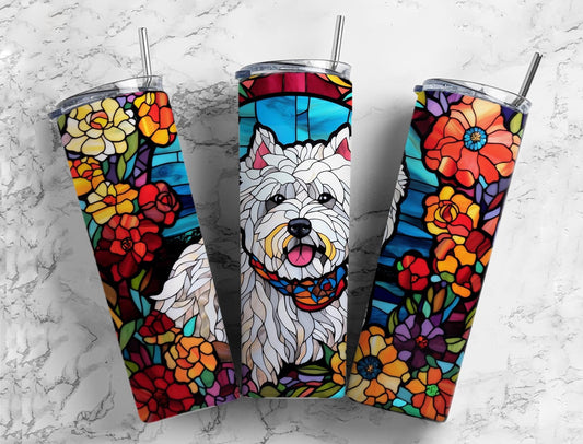 West Highland Terrier 20oz Sublimation Tumbler Designs, Stained glass floral 9.2 x 8.3” Straight Skinny Tumbler Wrap PNG